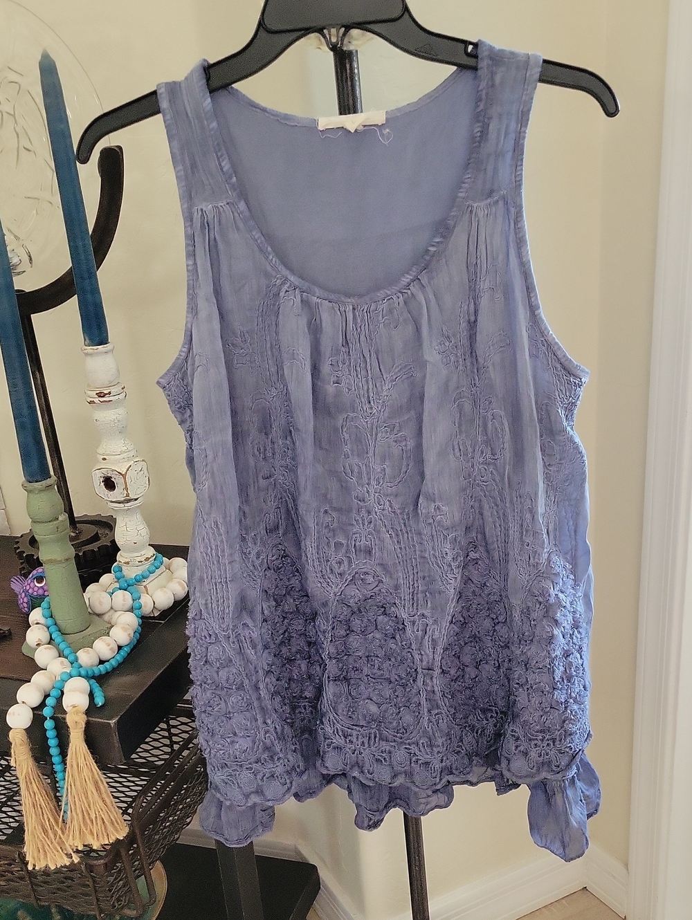 Sleeveless Dusty Blue Embroidered/Textured Top